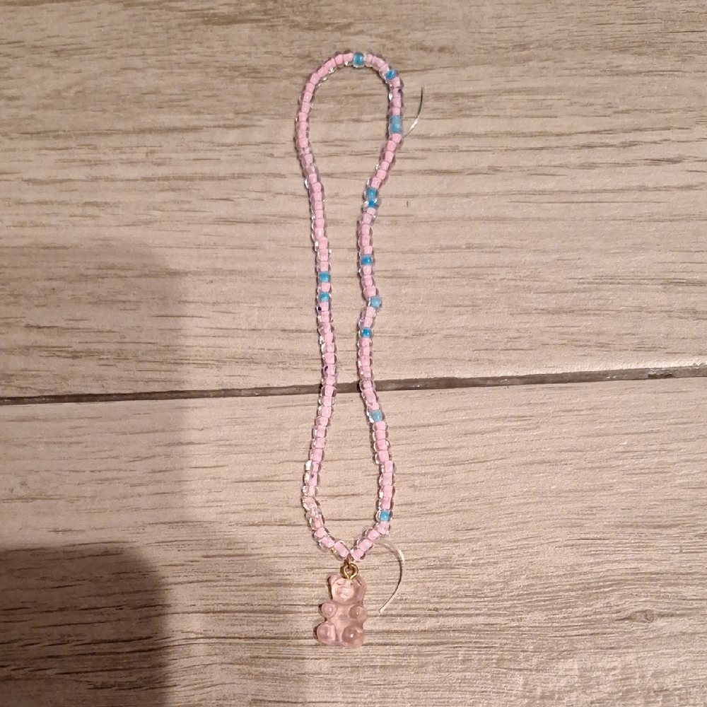 🦔Pink and Blue Beaded Kids Necklace with Bear Charm💘